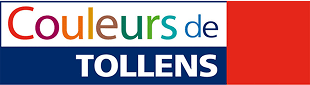 Logo Couleurs de TOLLENS : 'Couleurs' multicolore, 'de' bleu, 'TOLLENS' blanc sur fond bleu marine, large zone rouge à droite.