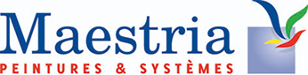 Logo Maestria PEINTURES & SYSTÈMES avec graphisme abstrait de coulures de peinture bleues, vertes, jaunes et rouges.